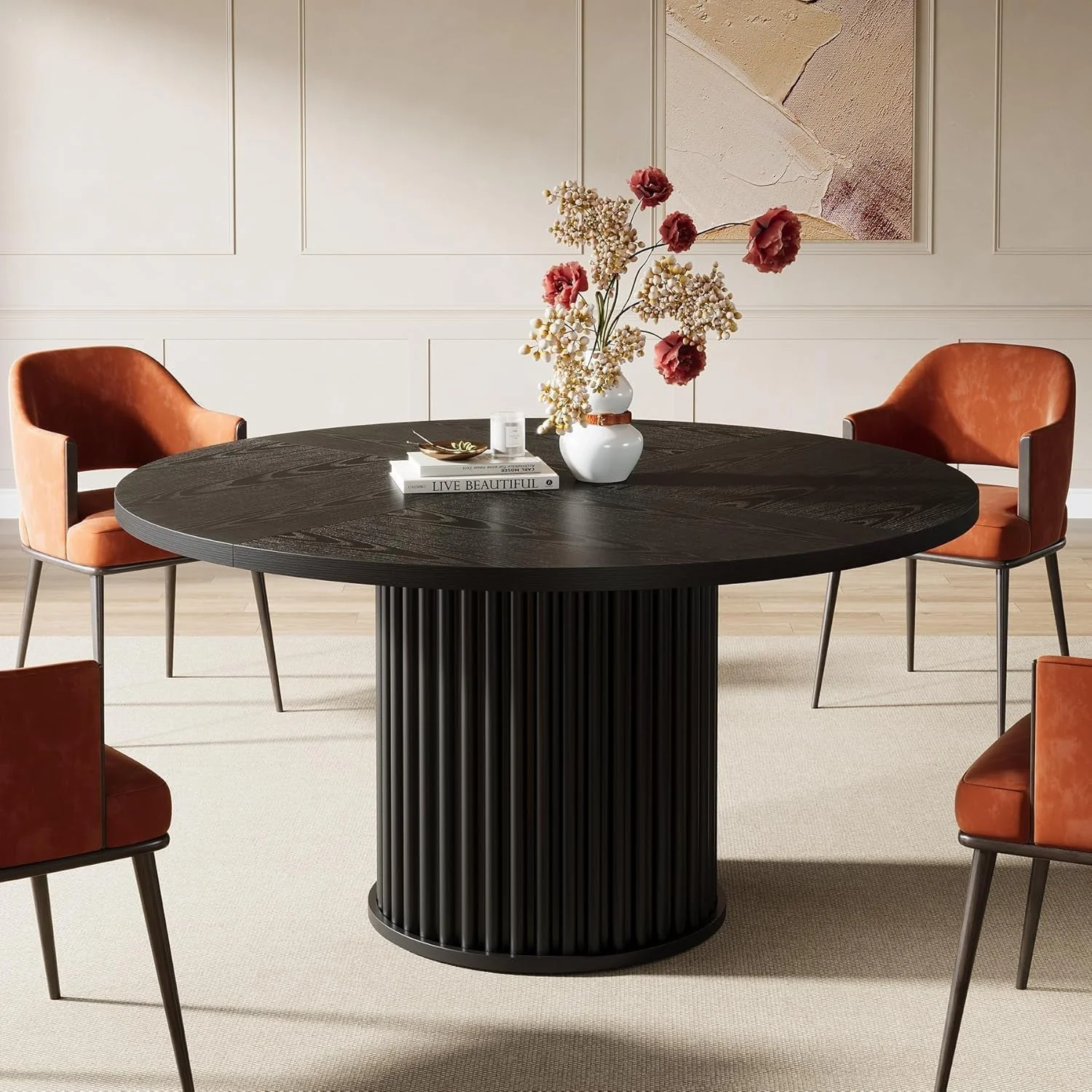 Quality 47.24-Inch Black Circular Dining Table Fluted Base Professional