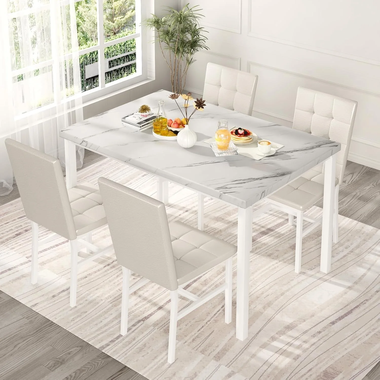 Healthy Snow White Marble Patterned Dining Table Set FivePiece Exclusive