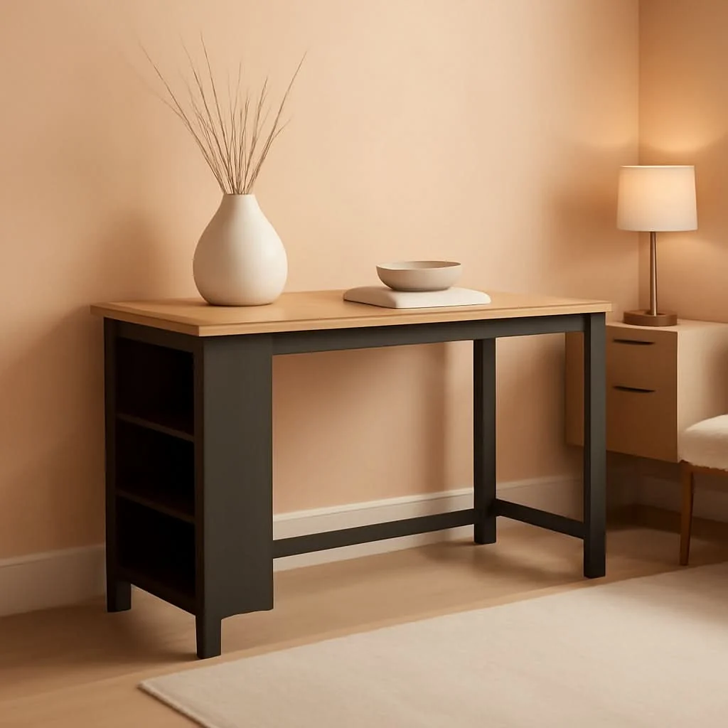 Prestigious Counter Height Dining Table With 3 Shelves Trestle Base Unique