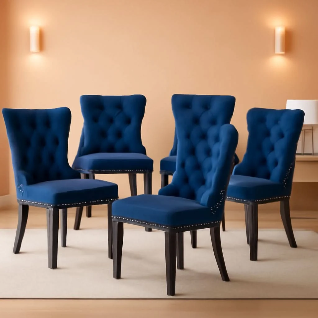 Fine Blue Velvet Upholstered Dining Chairs Set Of 6 Studded Practical