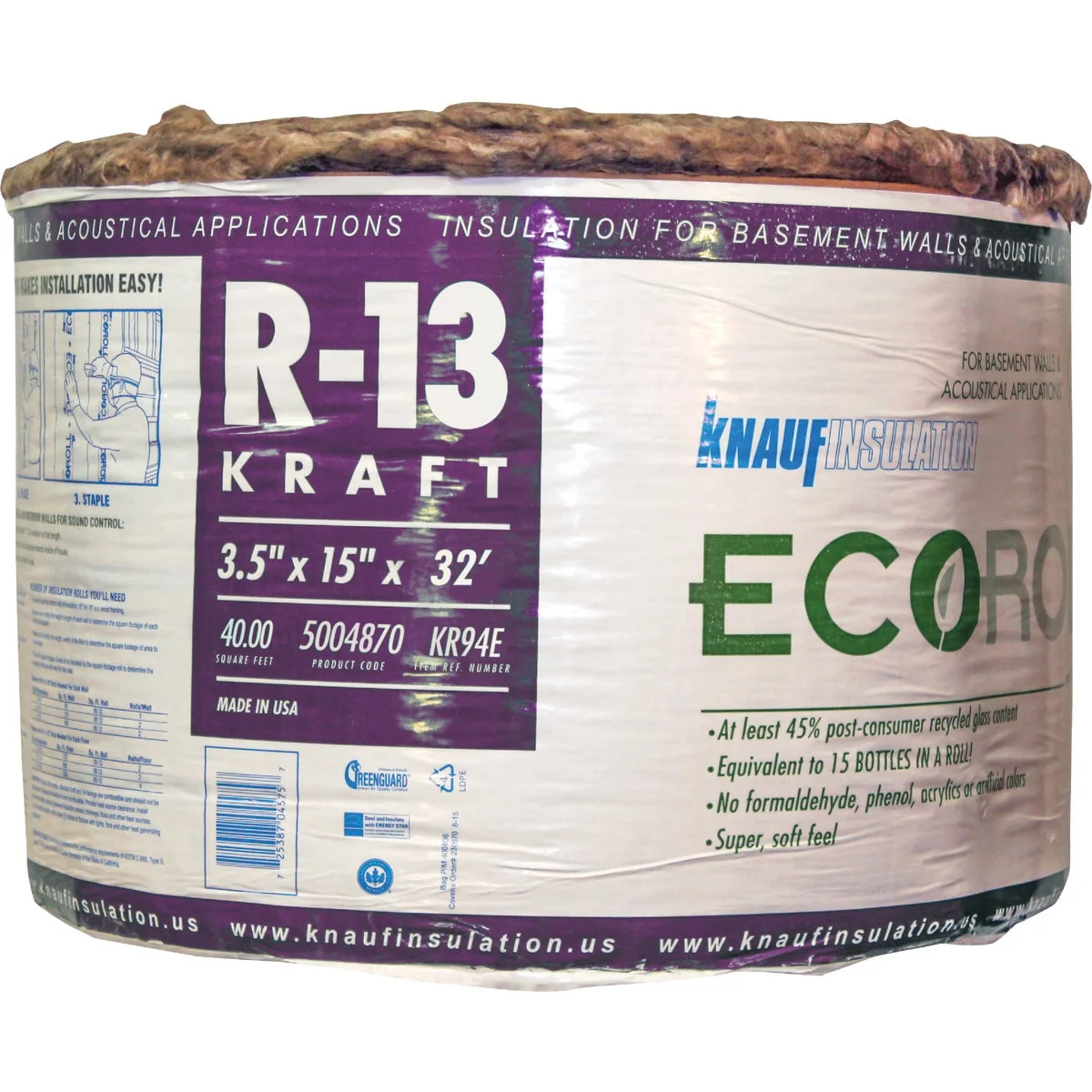Original Knauf R-13 15 In. x 32 Ft. Greenguard Kraft Faced Roll Fiberglass Insulation Outstanding