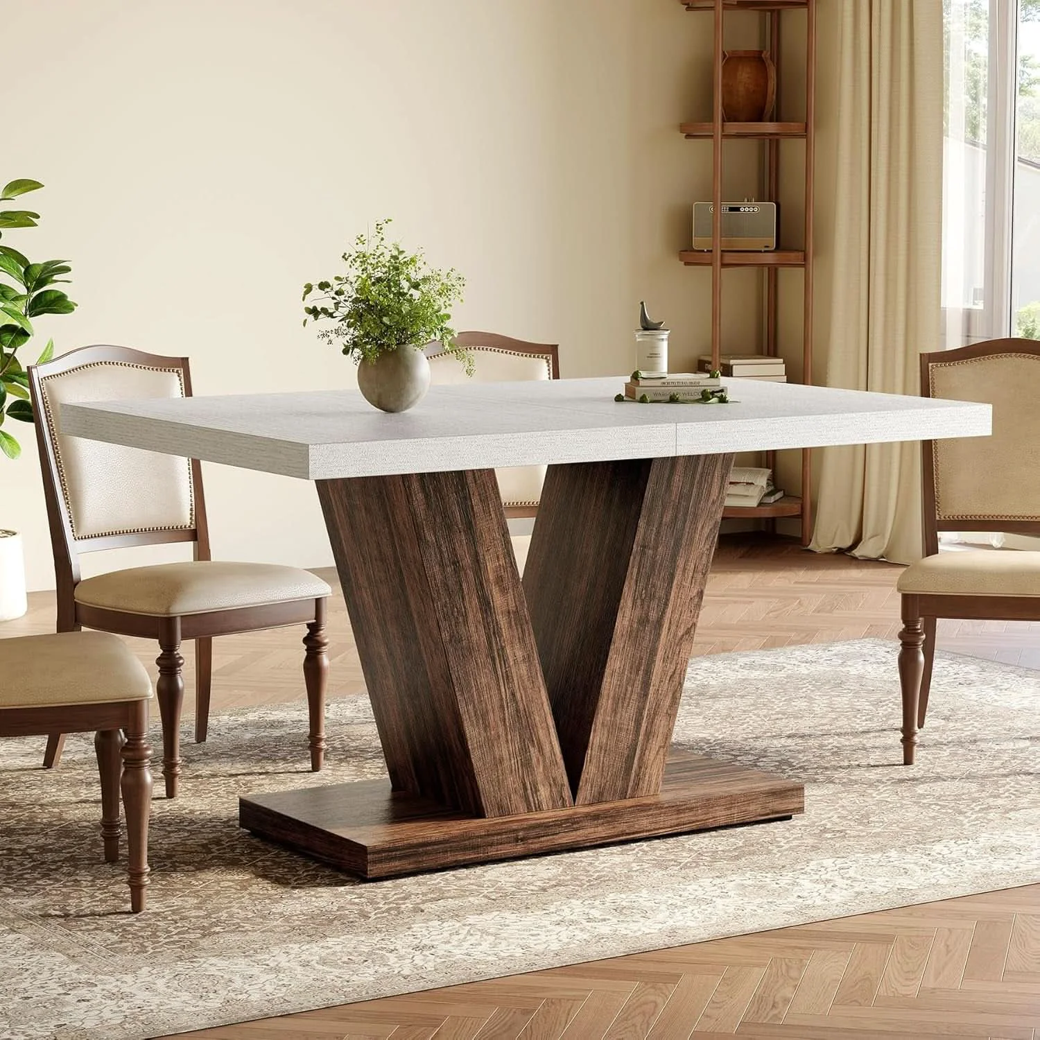 High-End 47 Inch White Rectangular Dining Table With Rustic Pedestal Original Design