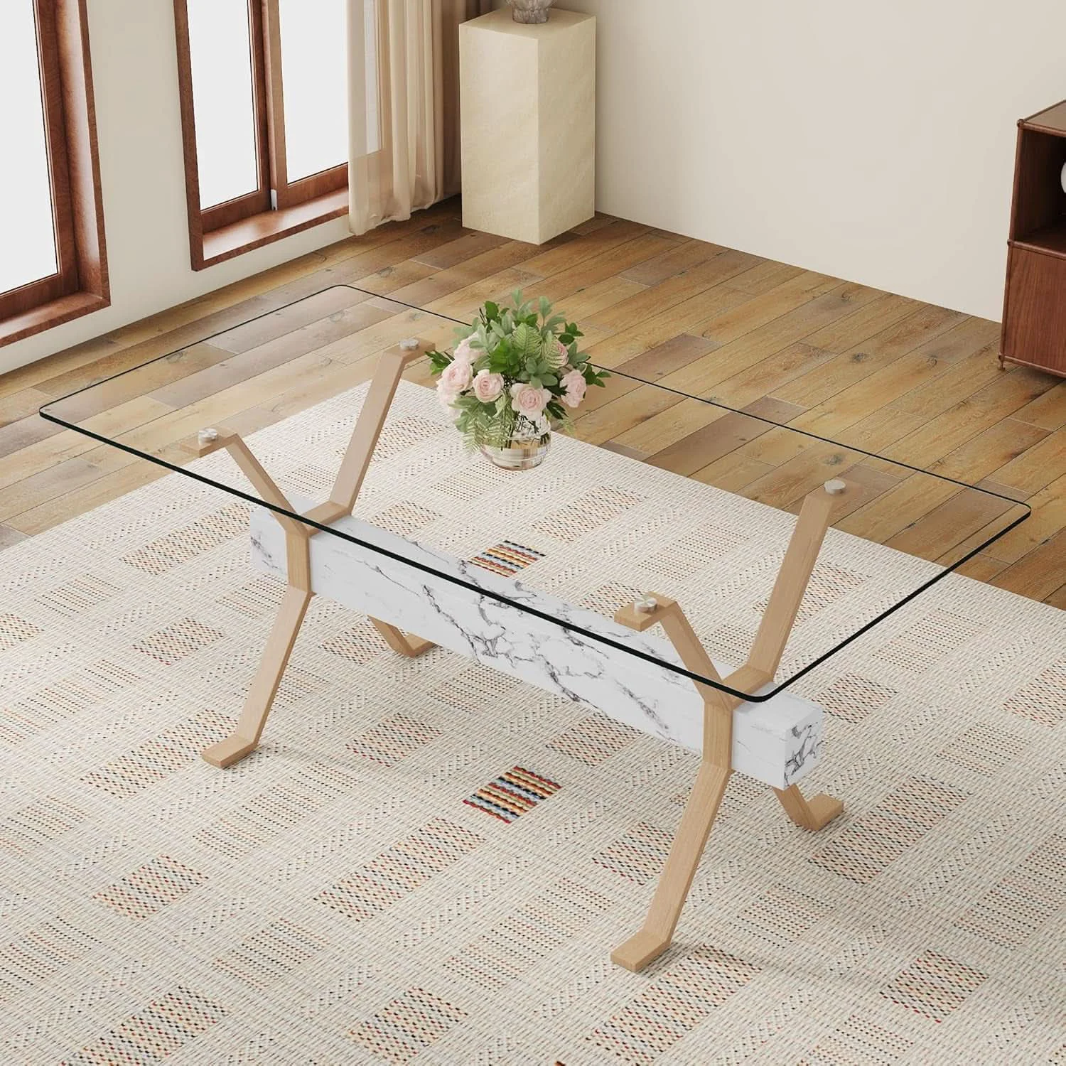 World-Class 71 Inch Glass Dining Table With Tempered Glass Top Natural