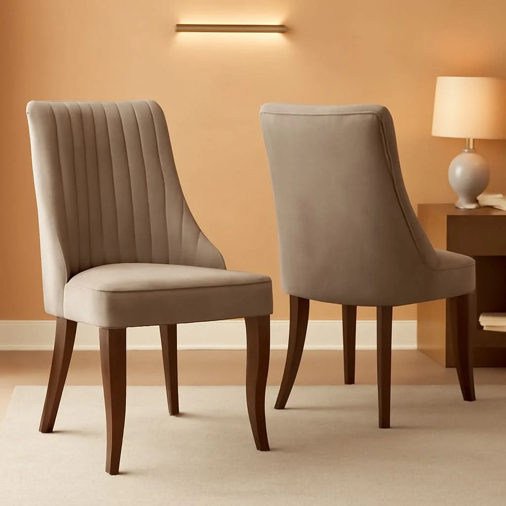 Pure Beige Upholstered Dining Chairs 2 Pack Curved Wood Legs Fashionable