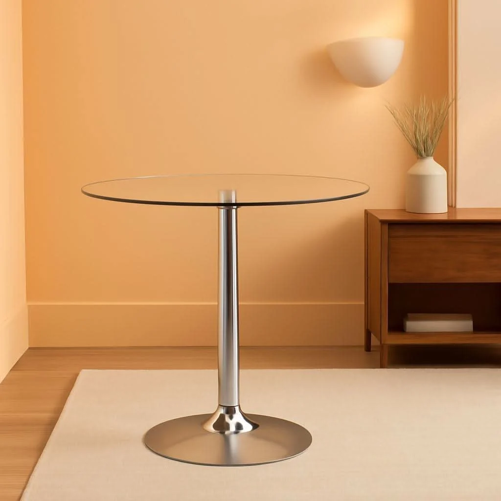 Sophisticated 31.5 Inch Tempered Glass-Glass Dining Table Chromed Base Trendy