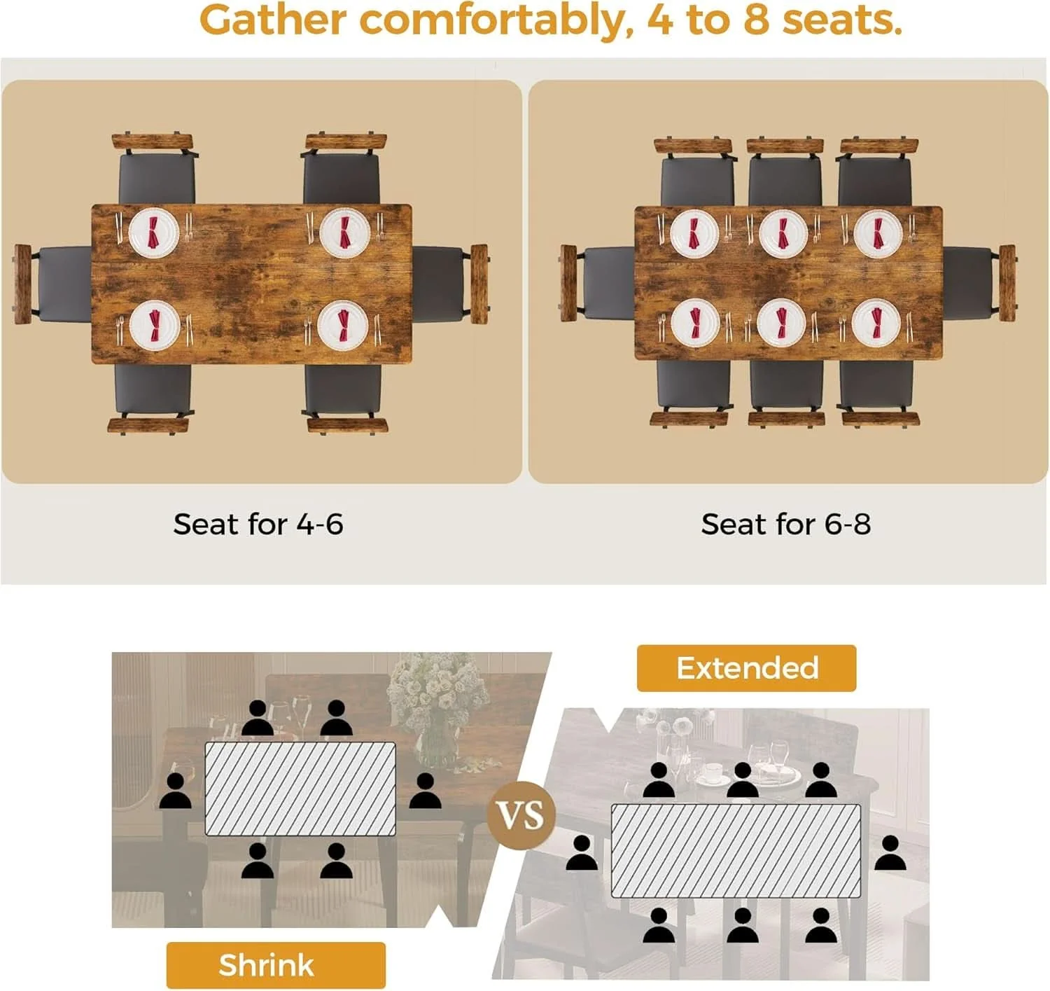High-Quality Sixty Three Inch Extendable Dining Table Set Rustic Brown Comfortable
