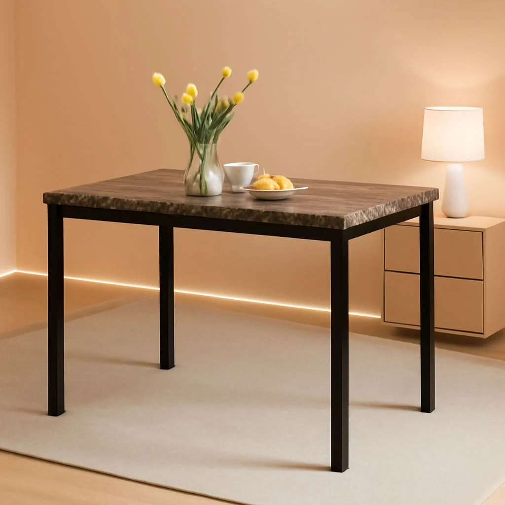 Elite Black Metal Dining Table With Laminated Faux Marble Top Luxury