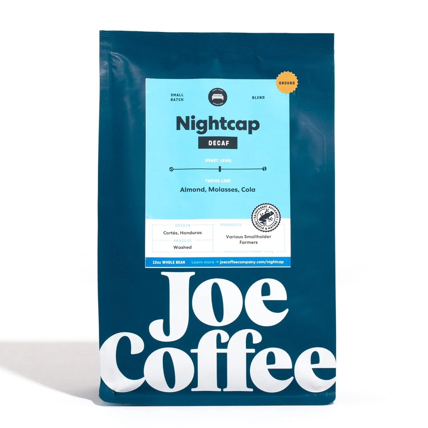 Fine Joe Coffee Company NYC Roaster Nightcap Decaffeinated Ground Specialty Coffee 12 oz Bag RFA Kosher Climate Friendly High-Grade