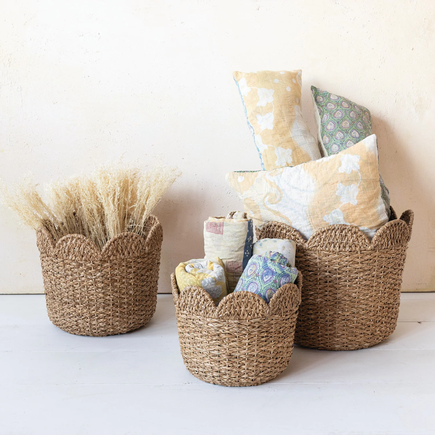 Sustainable Braided Bankuan Rattan Scalloped Baskets Secure