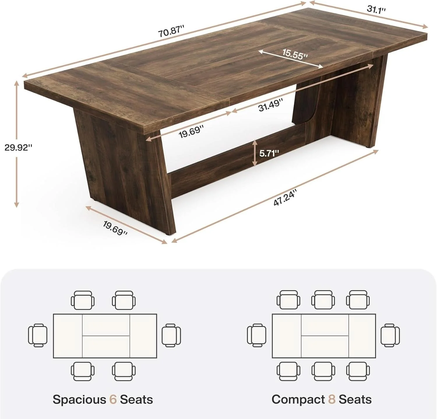 Organic 70 Inch Brown Solid Wood Rectangular Dining Table Seats Six Casual