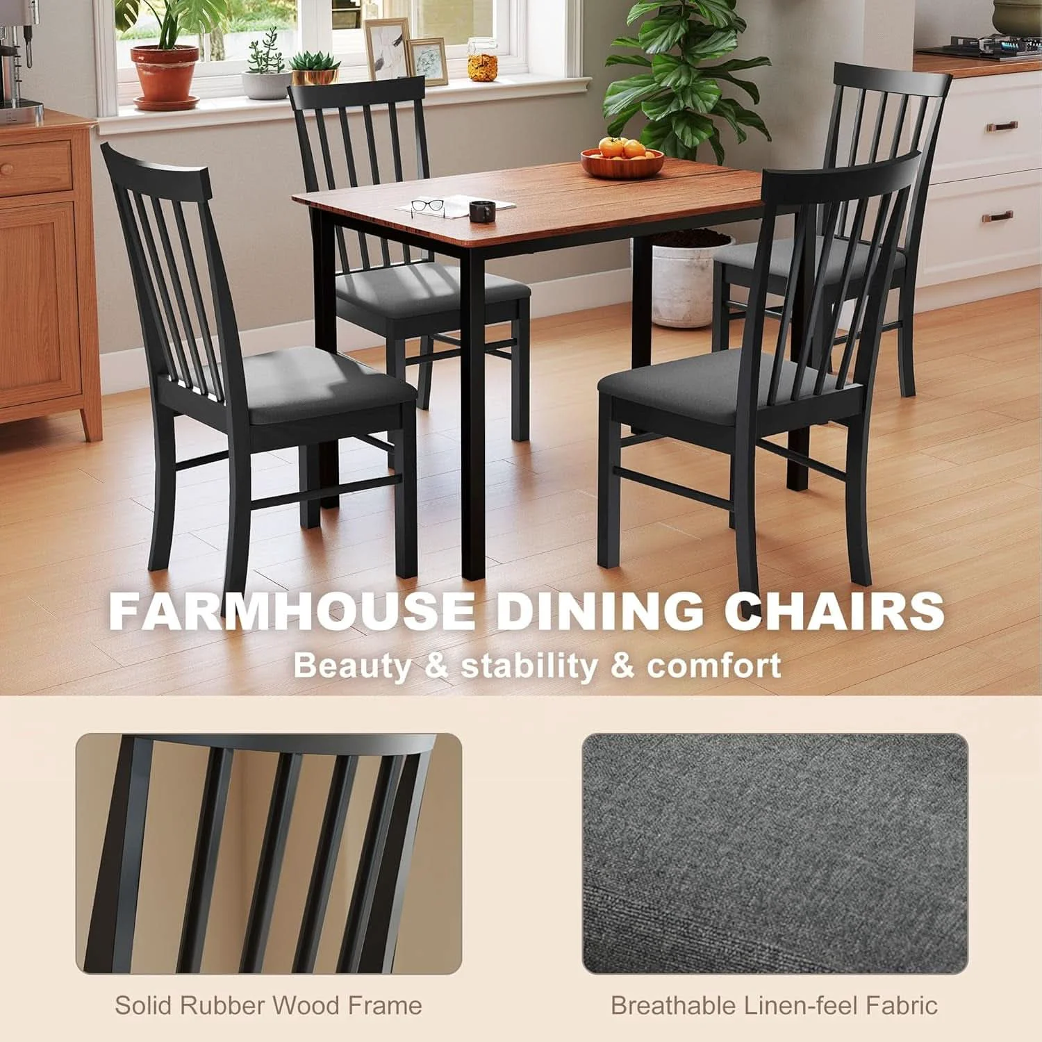 Safe Solid Rubber Wood Dining Chairs Sets Of 4 Black Upholstered Reusable