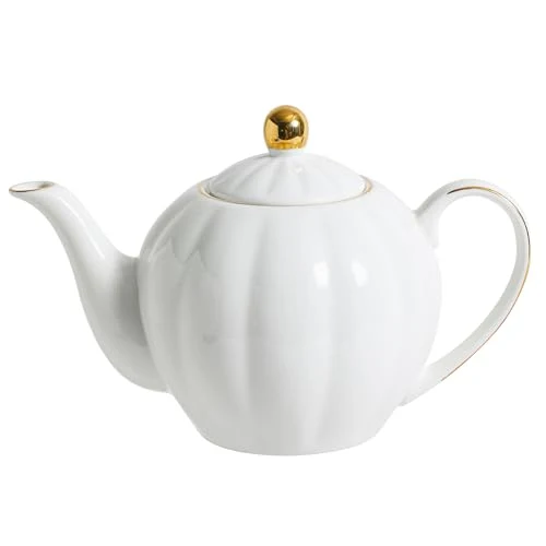 Enhanced 36oz White Porcelain Teapot with Gold Trim Crafted