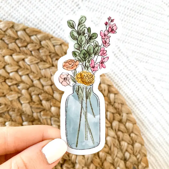 Environmentally Friendly Watercolor Vase with Flower Bouquet Sticker 3.5×1.75 Professional