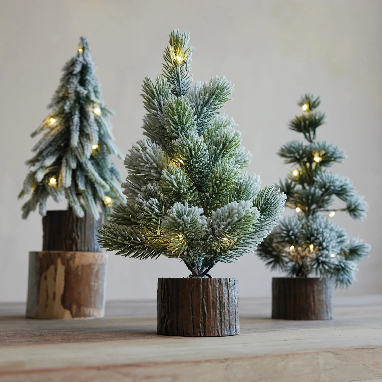 Effective Lighted Snow-Tipped Mini Tree with Faux Wood Base Versatile