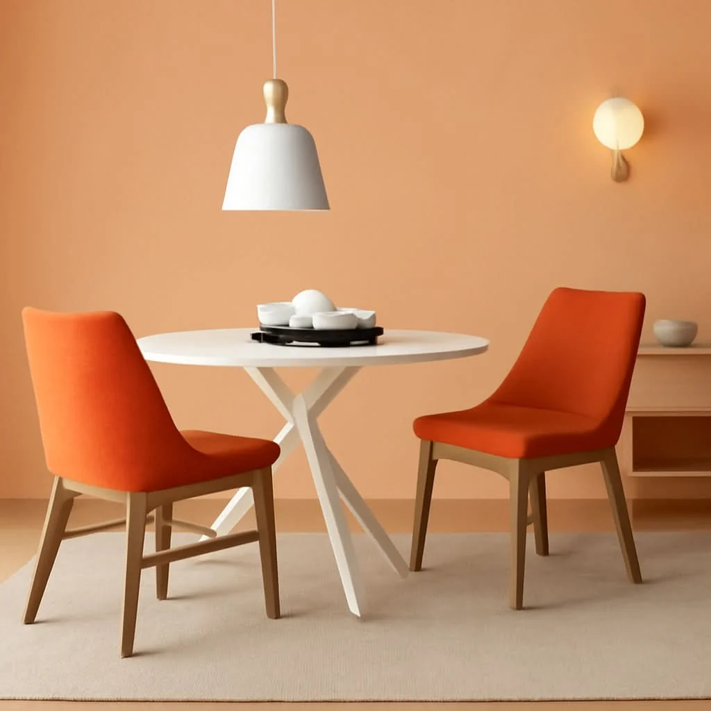 Fine Orange Fabric and Walnut Wood Dining Side Chairs Set of 2 Minimalist