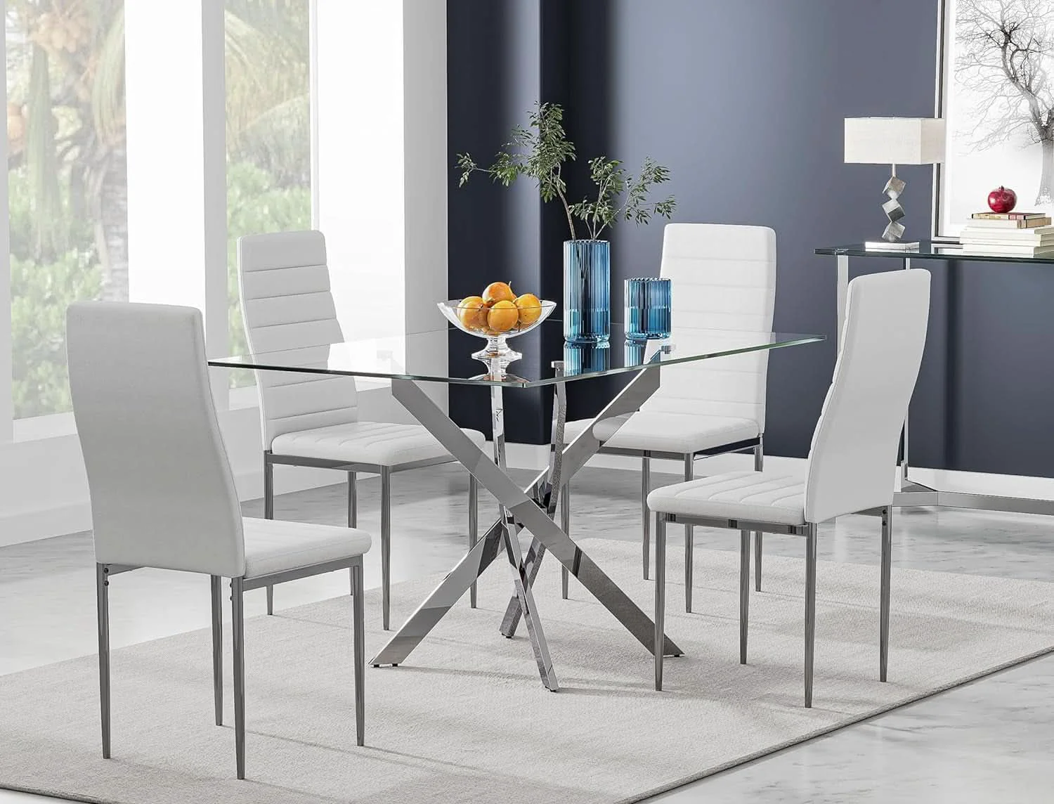 World-Class Tempered Glass Dining Table With Chromed Legs 47In White Silver High-Grade