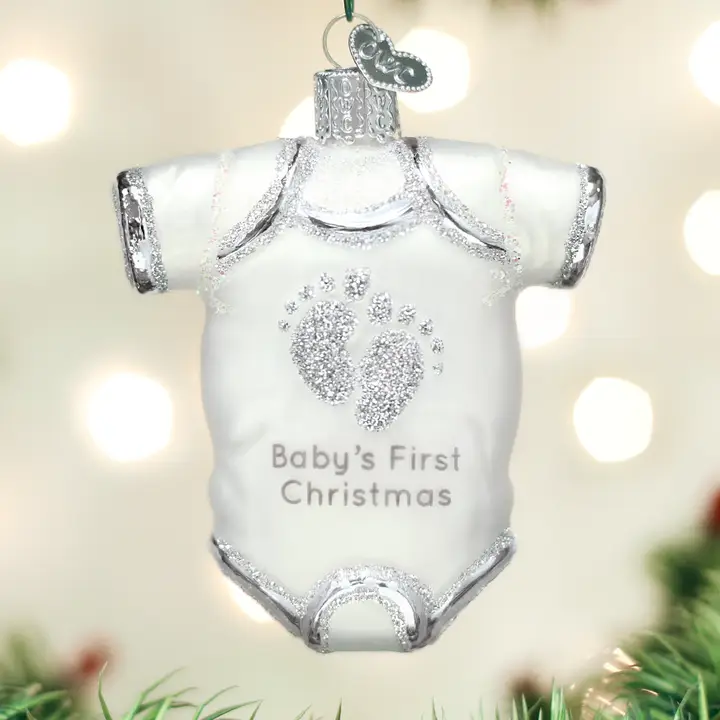World-Class Baby s First Christmas White Onesie Glass Ornament Modern