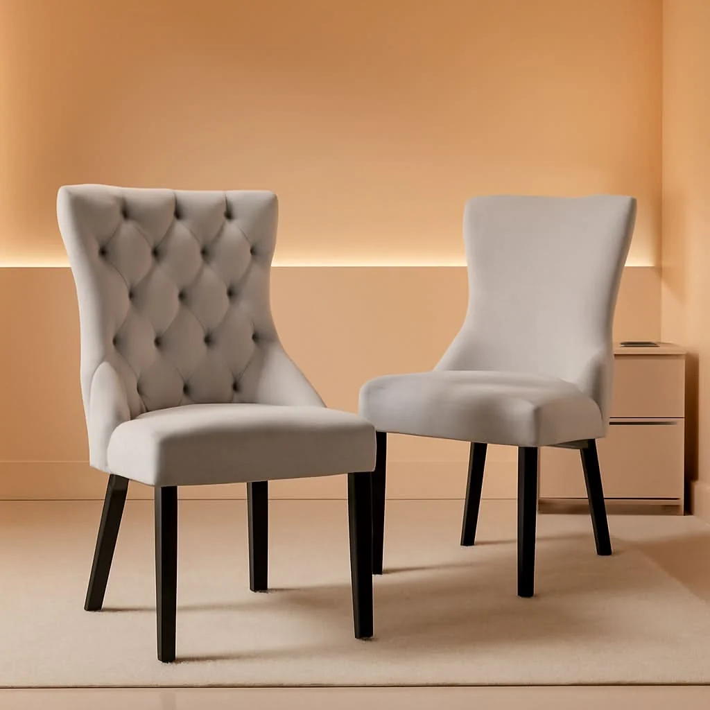 Flexible Set Of 2 Light Gray Velvet Tufted Wingback Dining Chairs Nailhead High-End