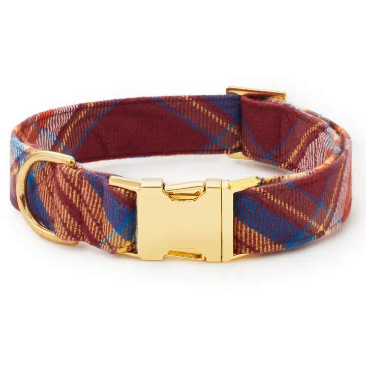 Functional Marlow Plaid Flannel Dog Collar with Gold Hardware Natural