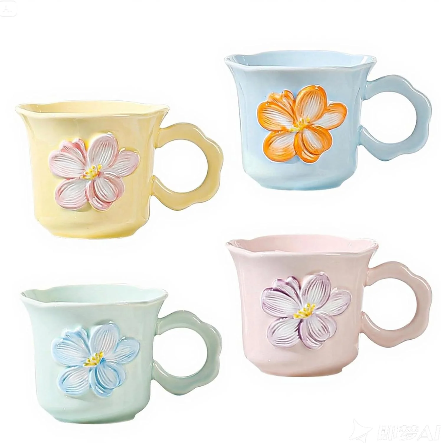 Specialty Cute Floral Coffee Mug Set of 4-12oz Ceramic Flower Embossed Cups with Petal Handles Dishwasher and Microwave Safe Prestigious