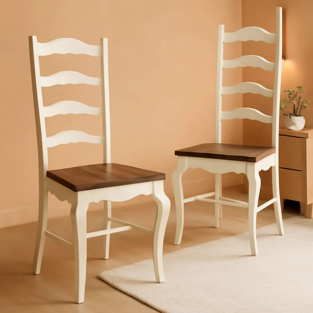 High-Grade French Countryside Oak And White Pair Of Dining Chairs With Distressed Innovative