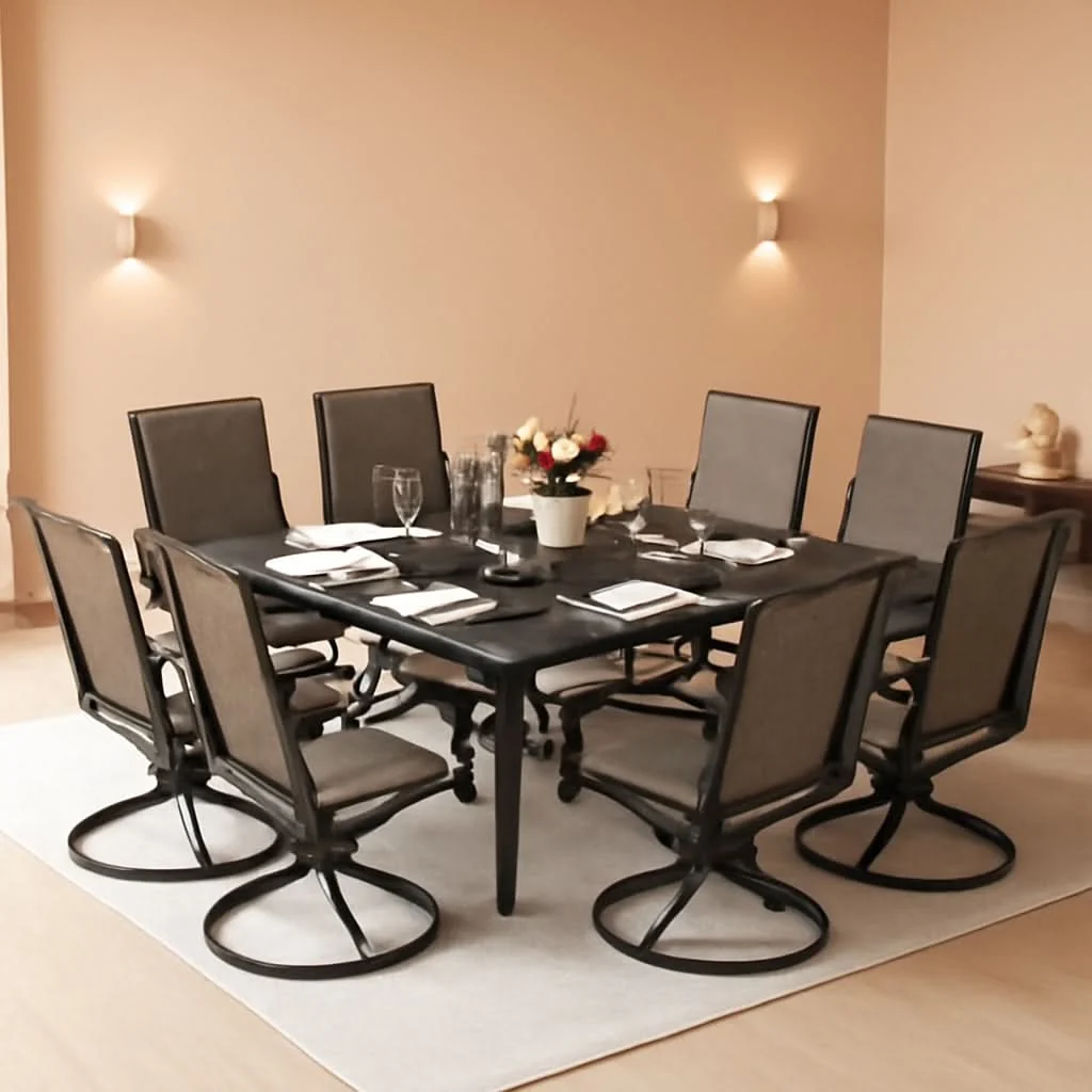 Premium Material 9 Piece Patio Dining Set With Large Square Metal Table And 8 Swivel Ch Detailed