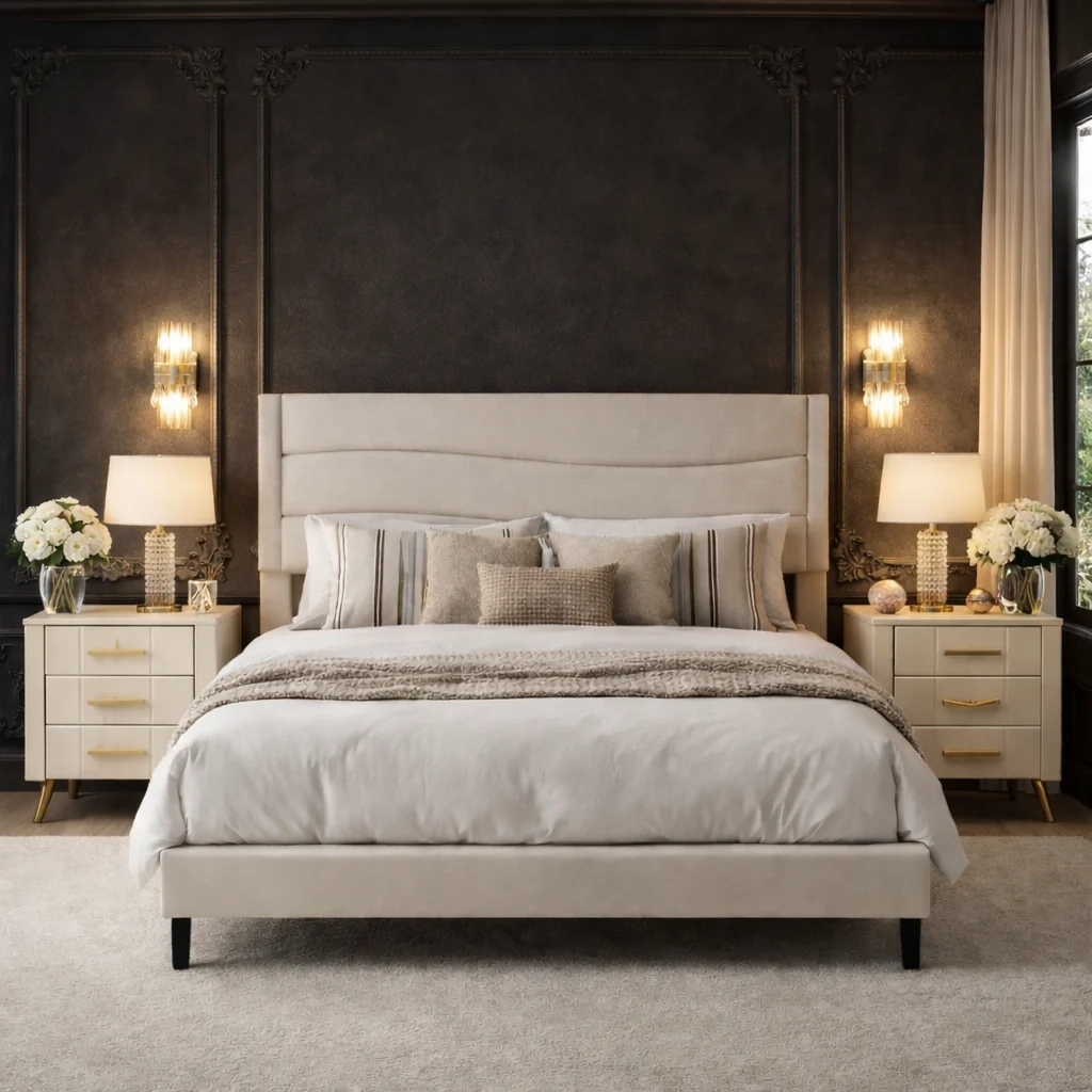 Minimalist Queen Upholstered Bed Frame with Charging Station and 2 Drawer Nightst Original Design