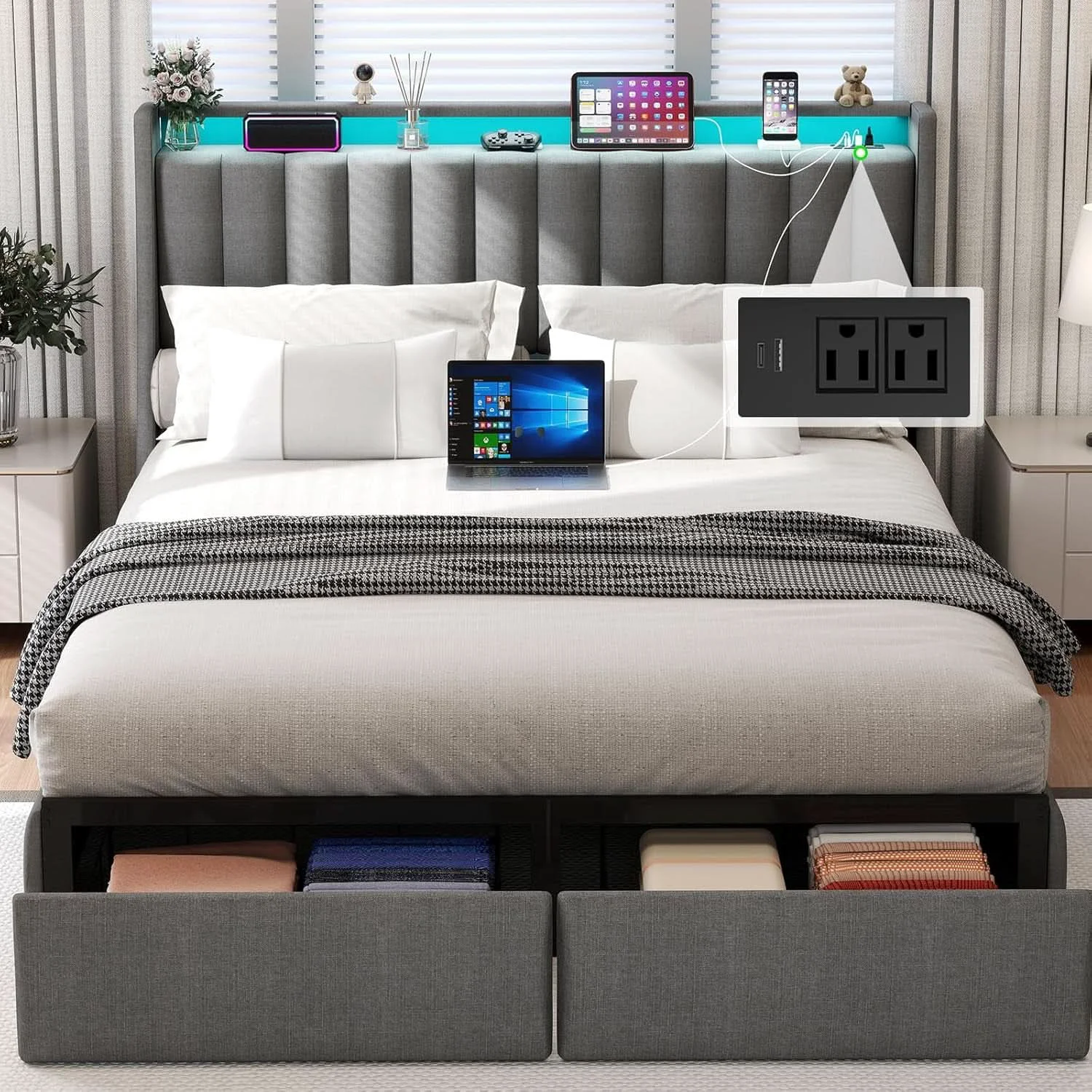 Safe Queen Bed Frame With LED Lights And Storage Drawers Next-Generation