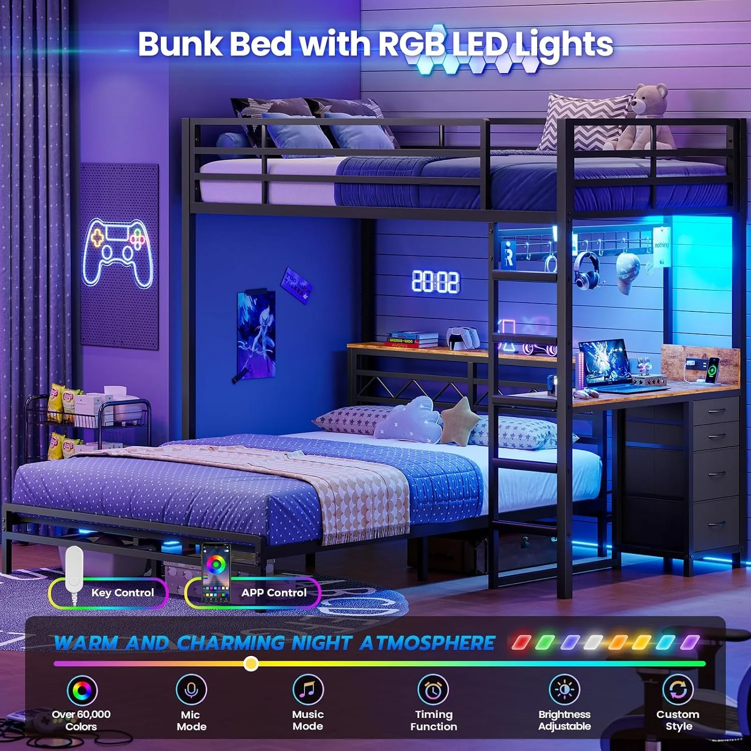 Sustainable Twin Over Full Metal Bunk Bed Desk Storage LED Charging Station Reusable