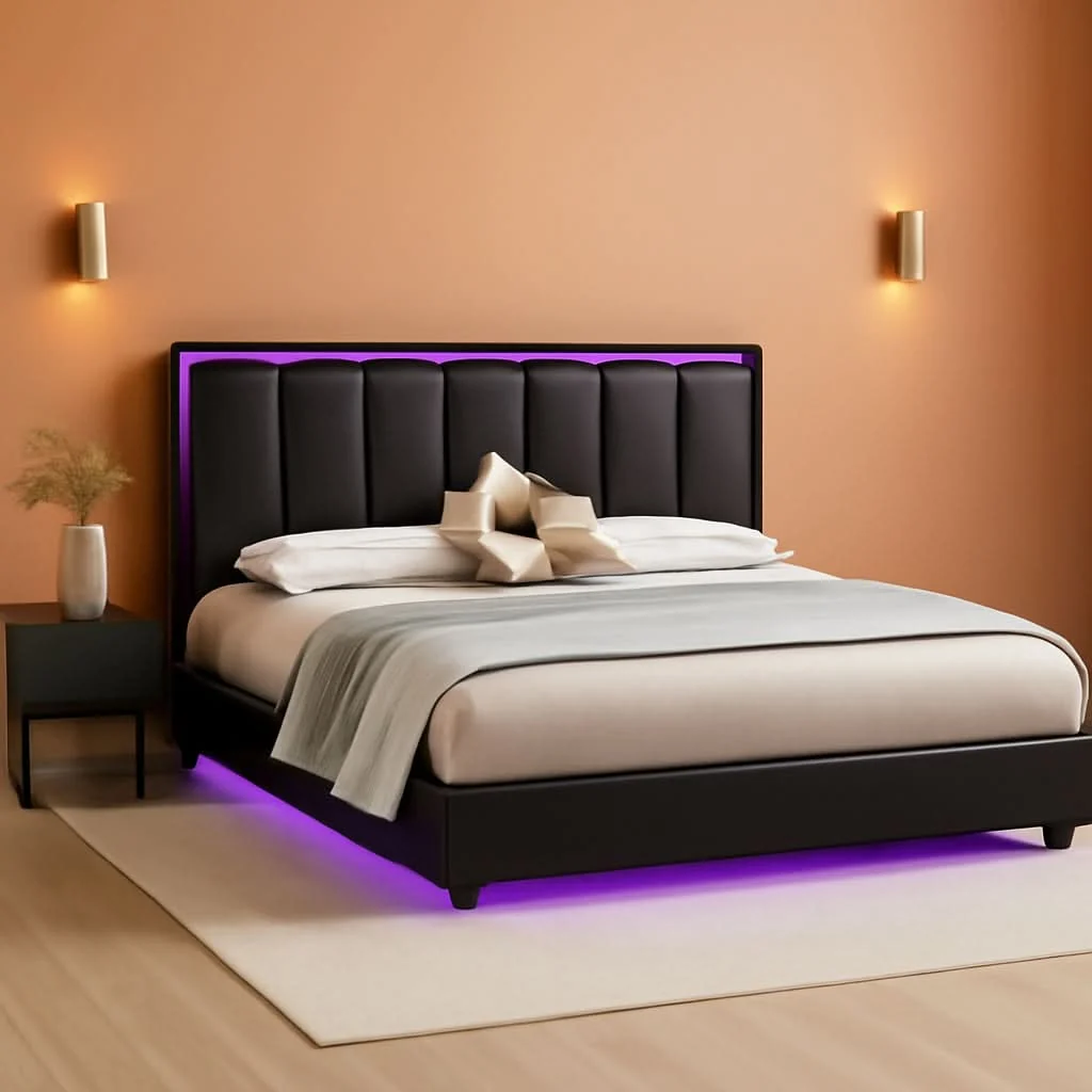 Eco-Friendly Floating Full Bed Frame with LED Lights and Head board Black Professional