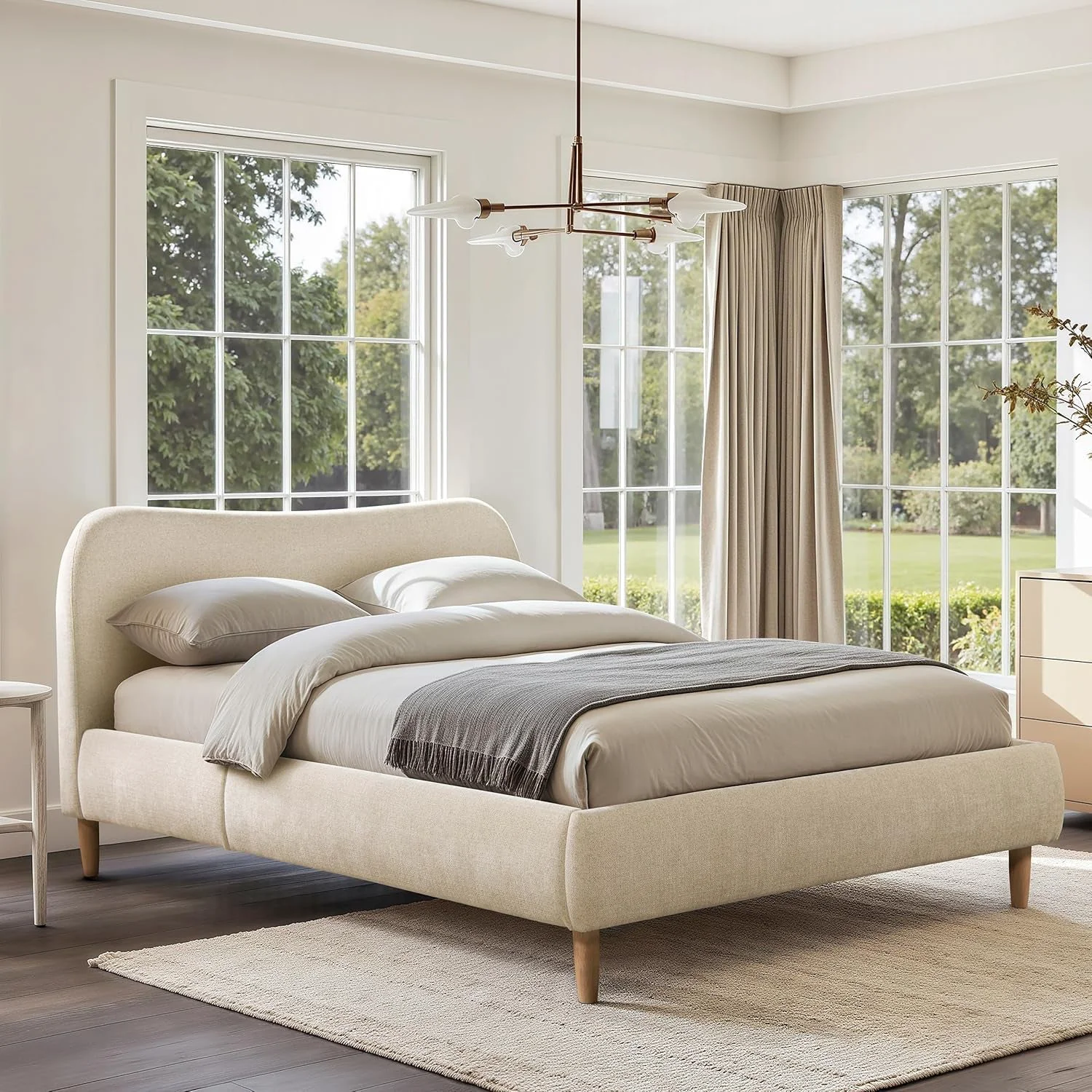 Breathable Queen Upholstered Headboard Platform Bed Oatmeal Chenille Elite