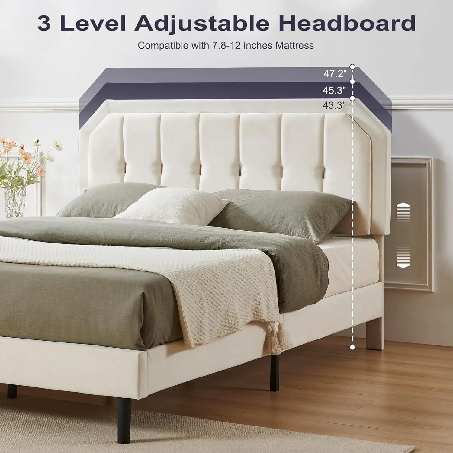 Reusable Queen Velvet Bed Frame Beige Upholstered Headboard Fine Crafted