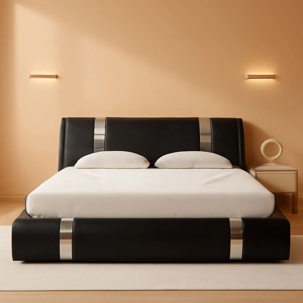 World-Class Black King Faux Leather Platform Bed Adjustable Headboard Authentic