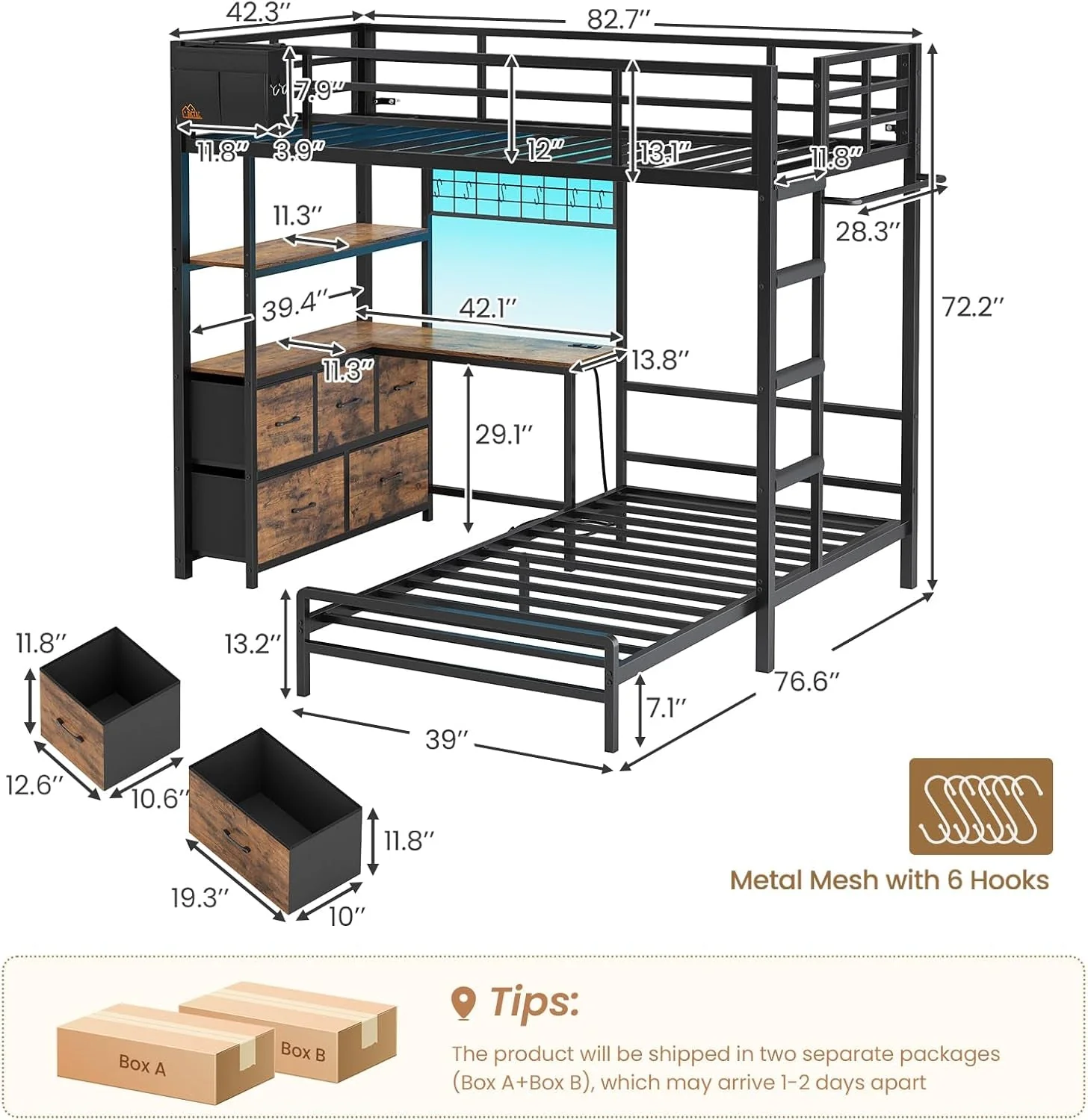 Outstanding Black ExtraLongXL Over Twin Bunk Bed With LEDLightingStorage Breathable