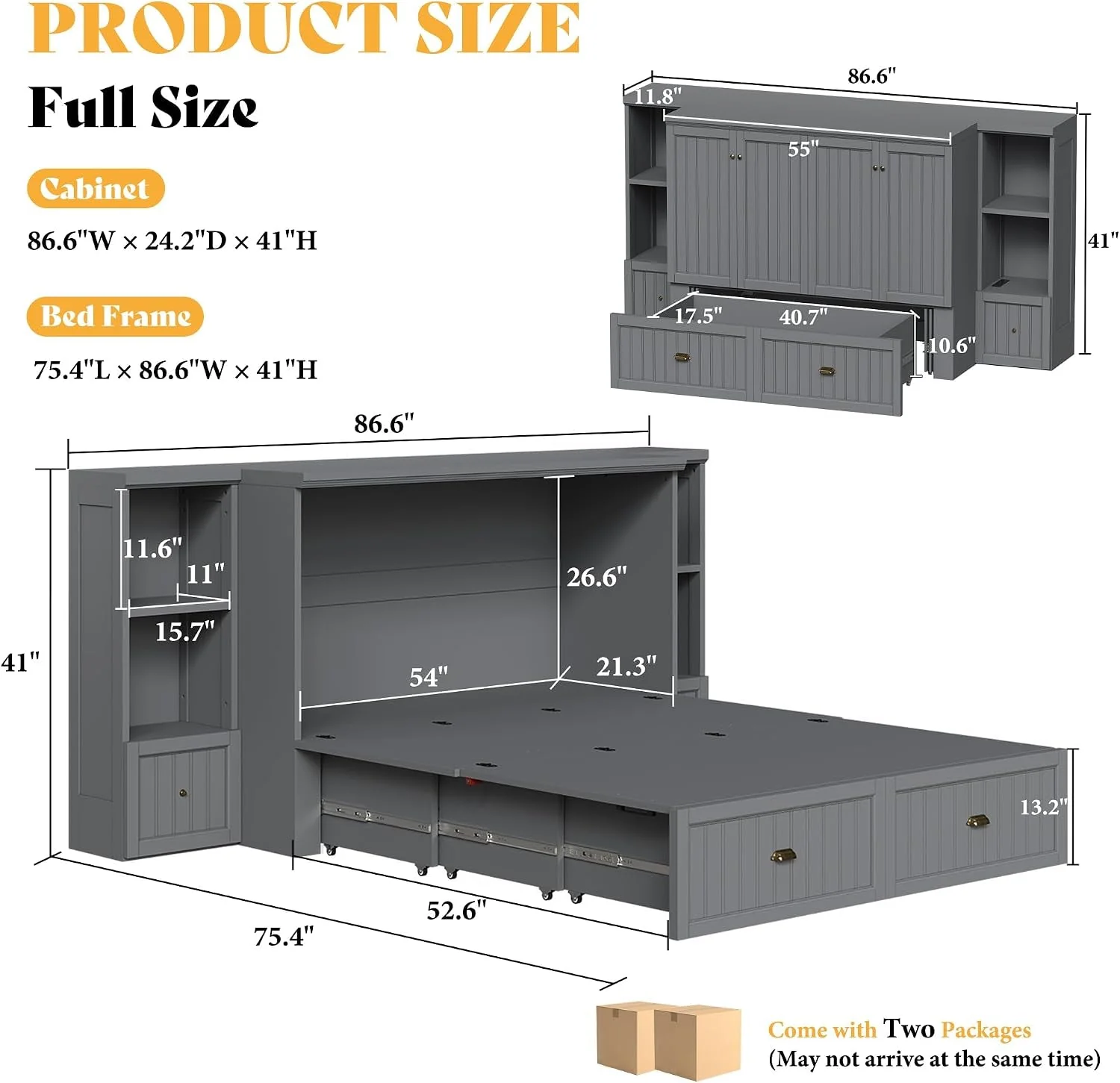 Smooth Spacious Murphy Bed With Generous Night stands Grey Fast