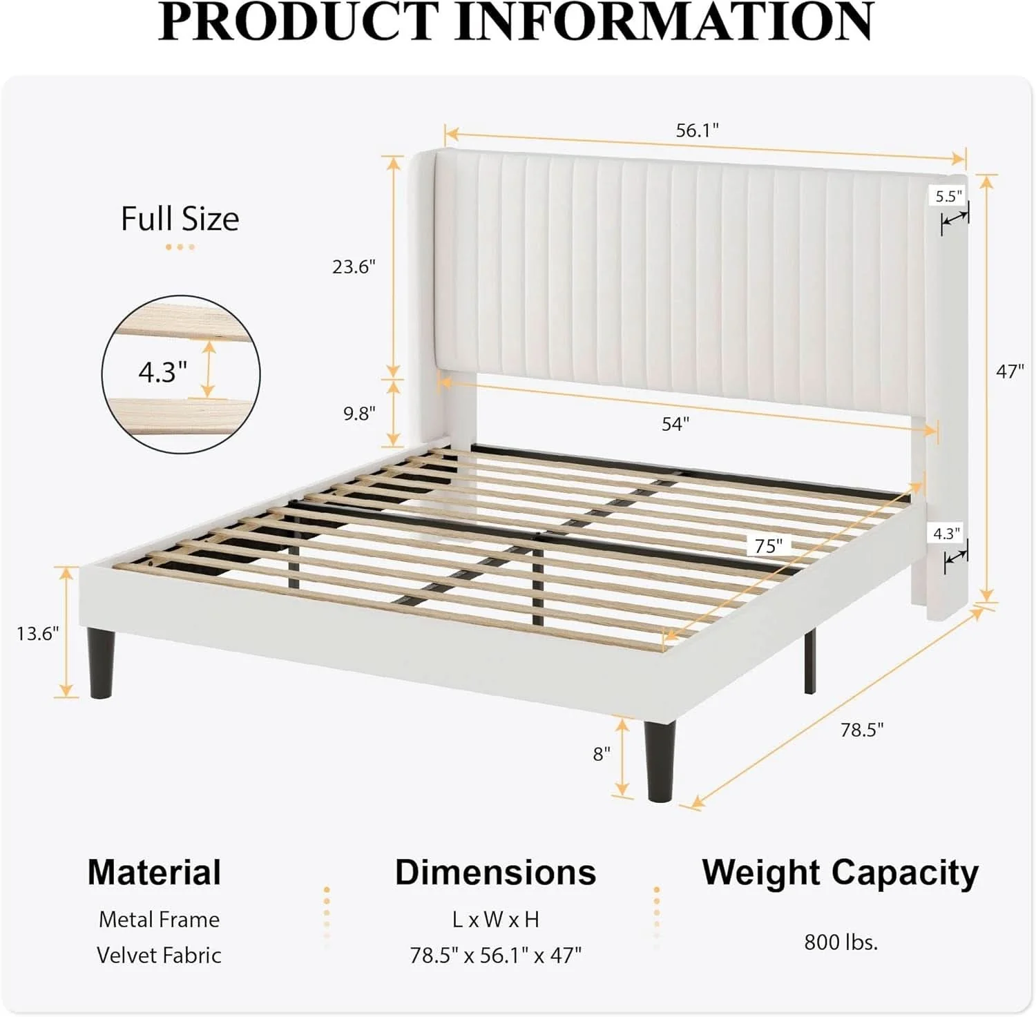 Contemporary Velvet Upholstered Full Bed Frame With Wingback Headboard Functional