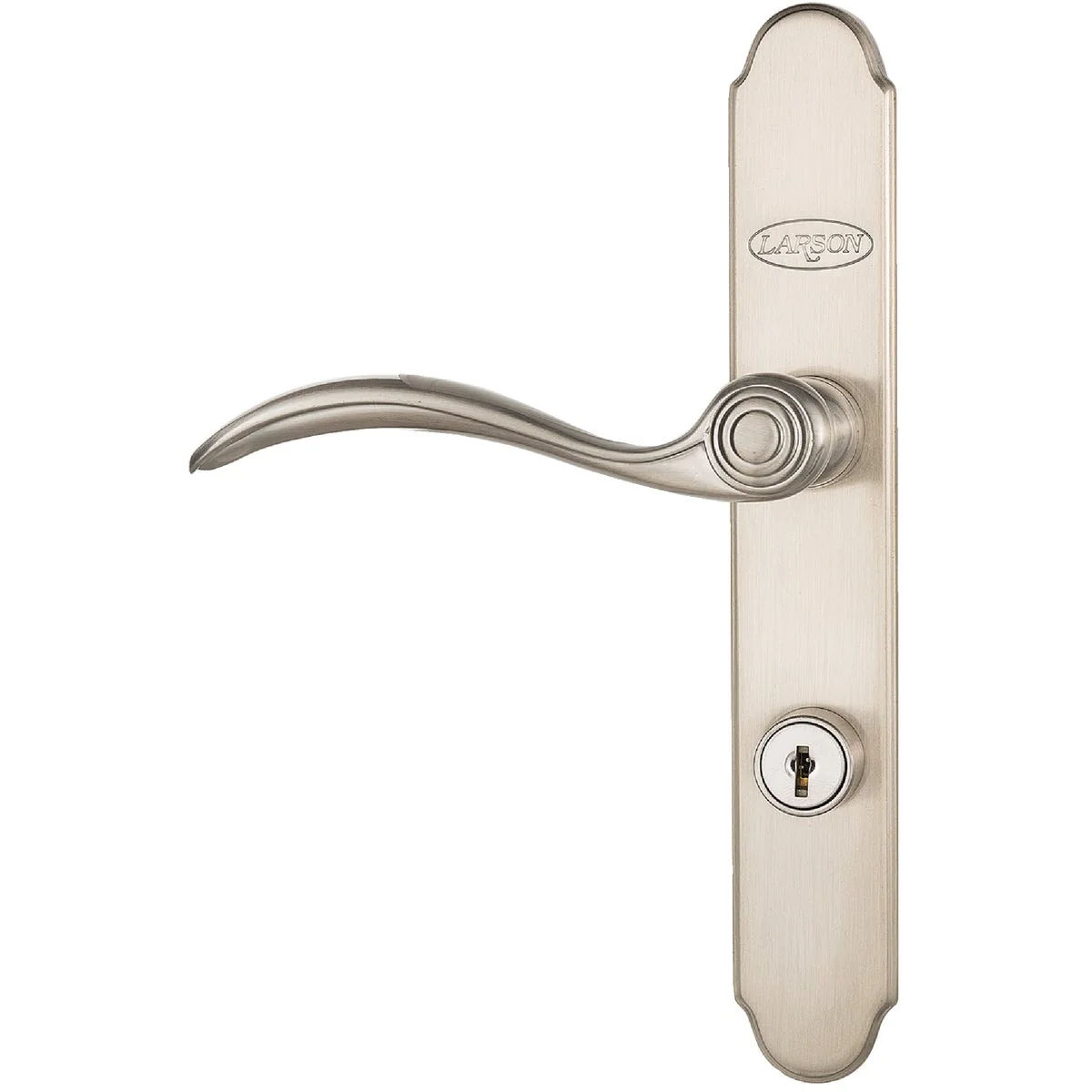 Exclusive Larson QuickFit Brushed Nickel Die-Cast Metal Locking Storm Door Curved Leverset Modern