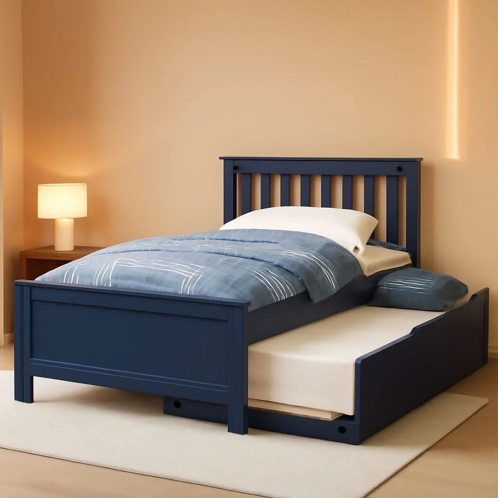 Easy-to-Use Blue Twin Bed Frame With Trundle Slatted Headboard Enhanced