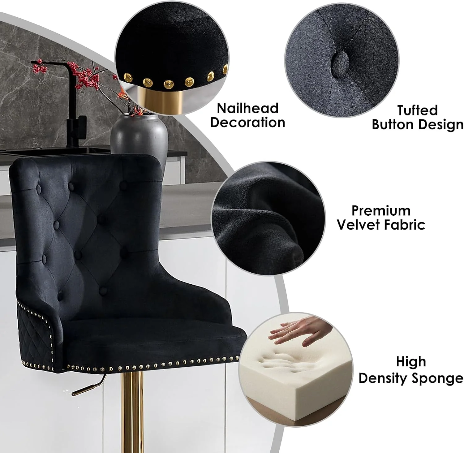 Fashionable Black Velvet Swivel Bar Stools With Gold Lion Pull Ring Selected