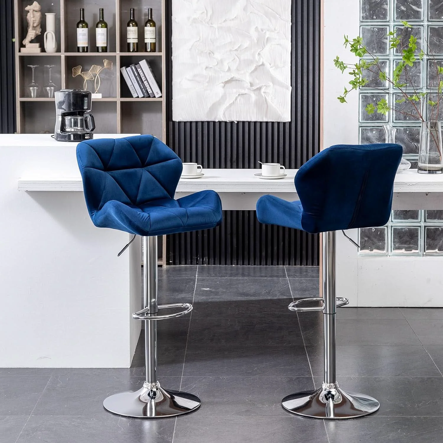 Long-Lasting Velvet Diamond Tufted Swivel Barstools Blue Adjustable Height Set of 2 Enhanced