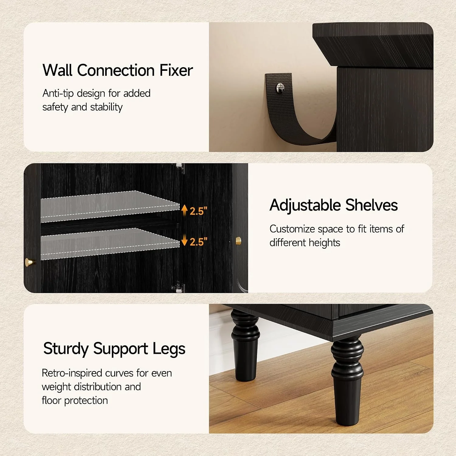 Practical 63 Inch Smoky Black Buffet Cabinet Adjustable Shelves Fast