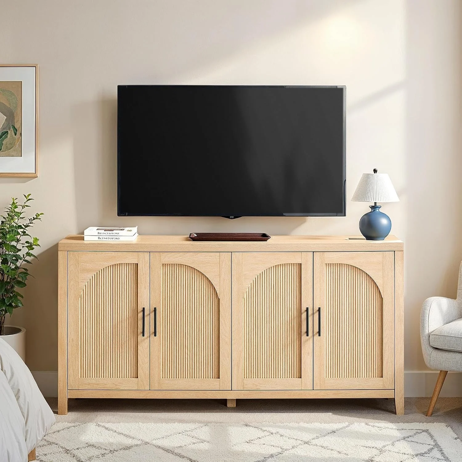 Natural 60 Inch Reeded Sideboard Buffet Coastal Oak Finish Professional