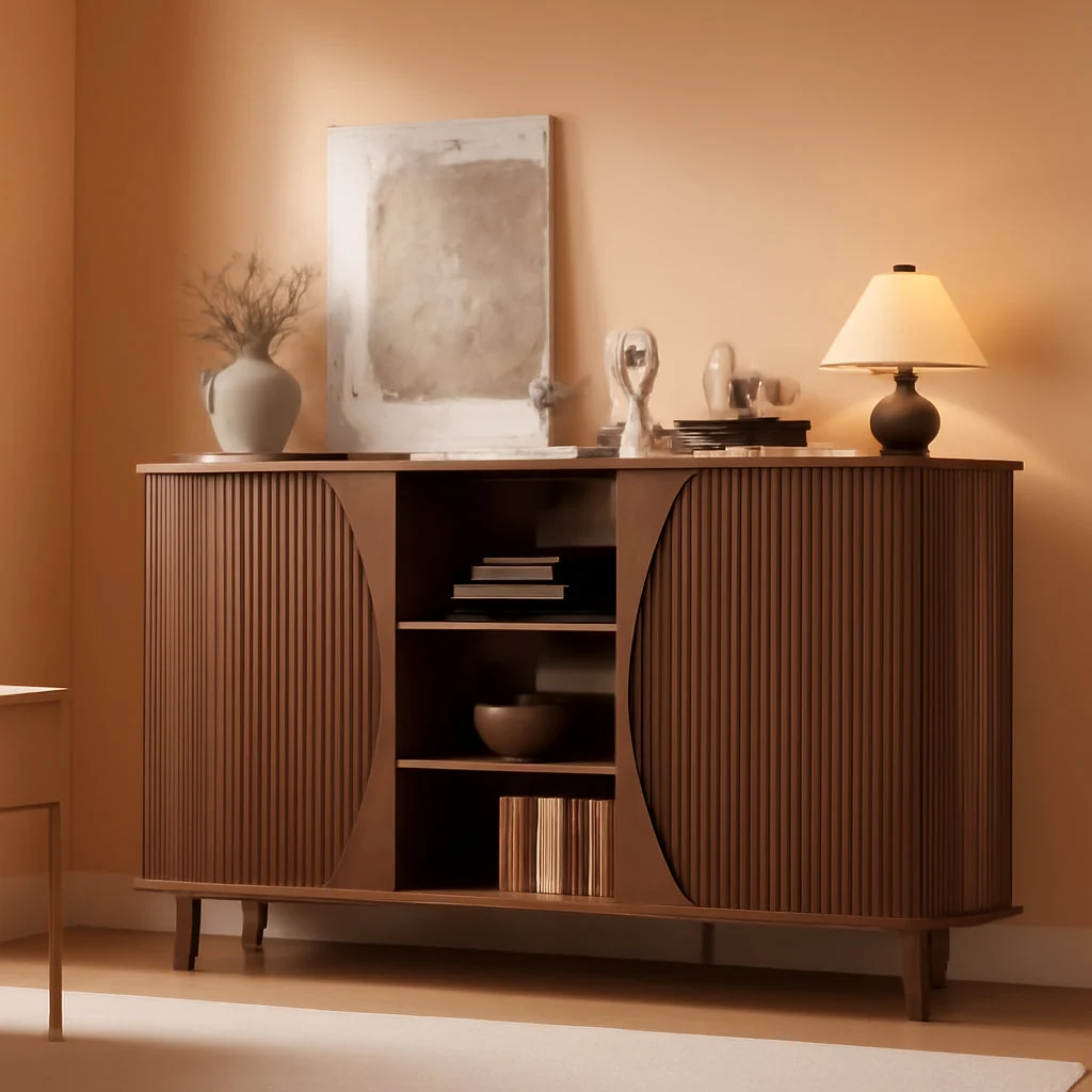 Selected Walnut 59 Inches Curved Contemporary Buffet Cabinet Reusable