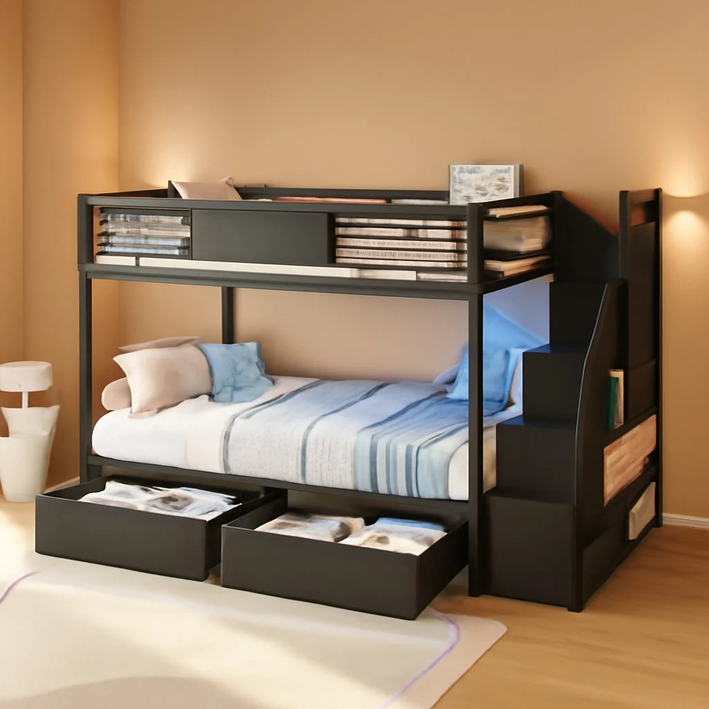 Fine Black Full Over Full Bunk Bed LED Lighting Quality Durable High-Grade