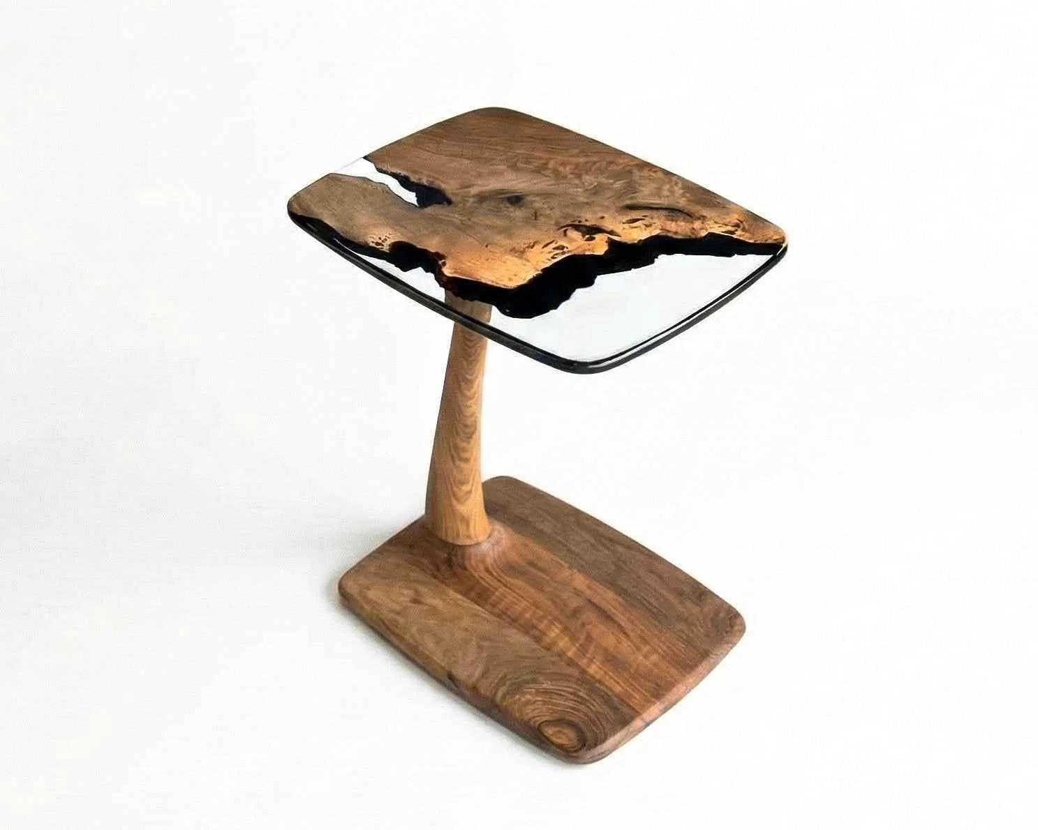 Authentic C-Shaped Walnut Resin End Table with Wheels Secure