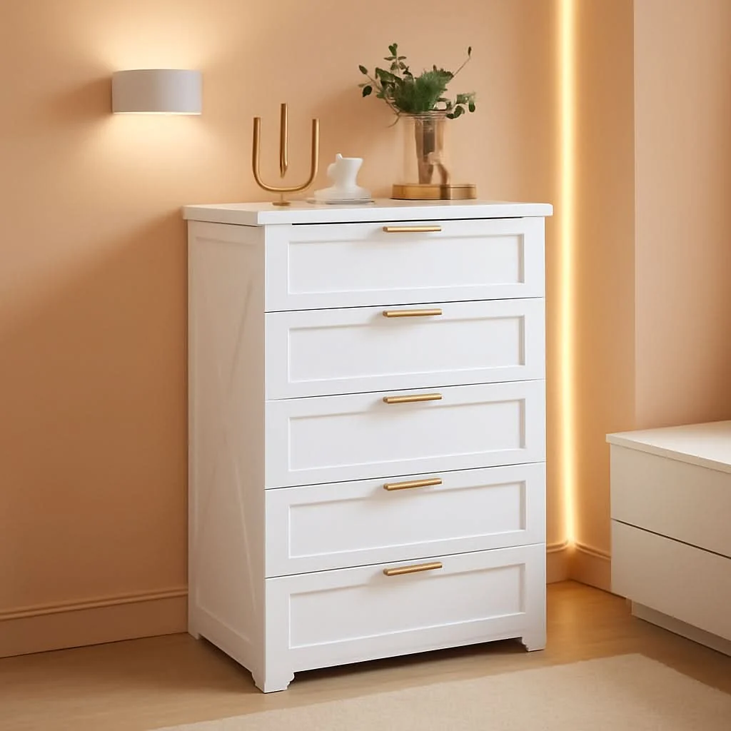 Eco-Friendly White Lofty Hardwood Dresser With Generous Drawers Secure