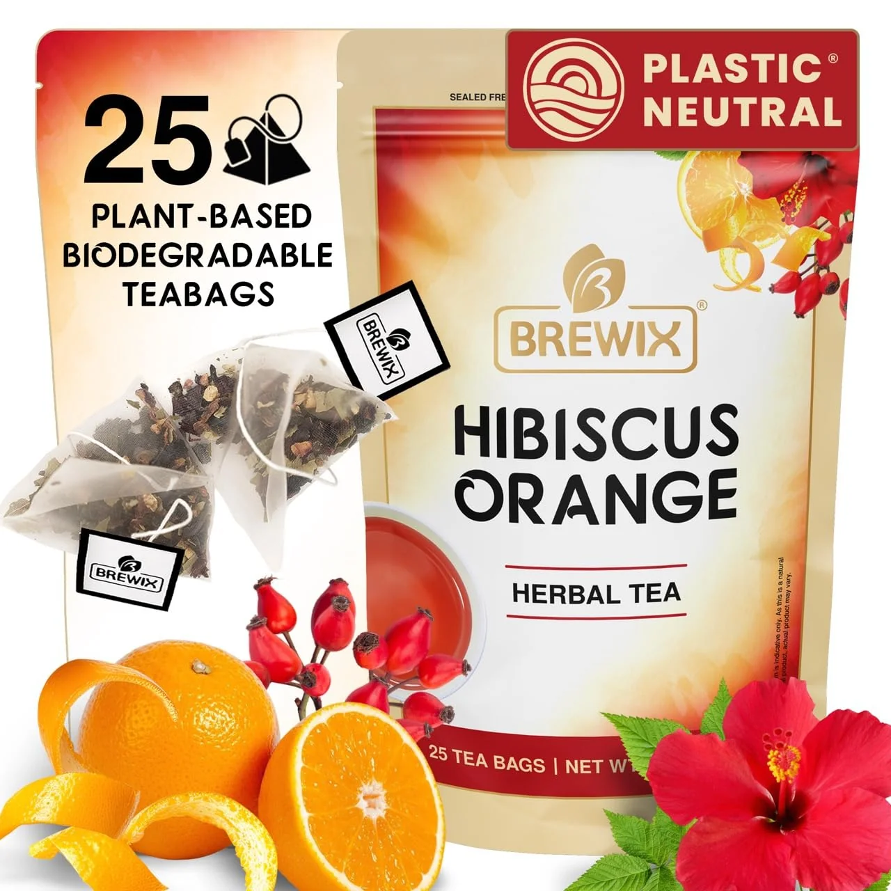 Effective Brewix Hibiscus Orange Tea Bags 25 Plant Based Tea Bags Caffeine- Made with – Hibiscus Flowers Rosehip Orange Peel Raspberry Leaf Elegant