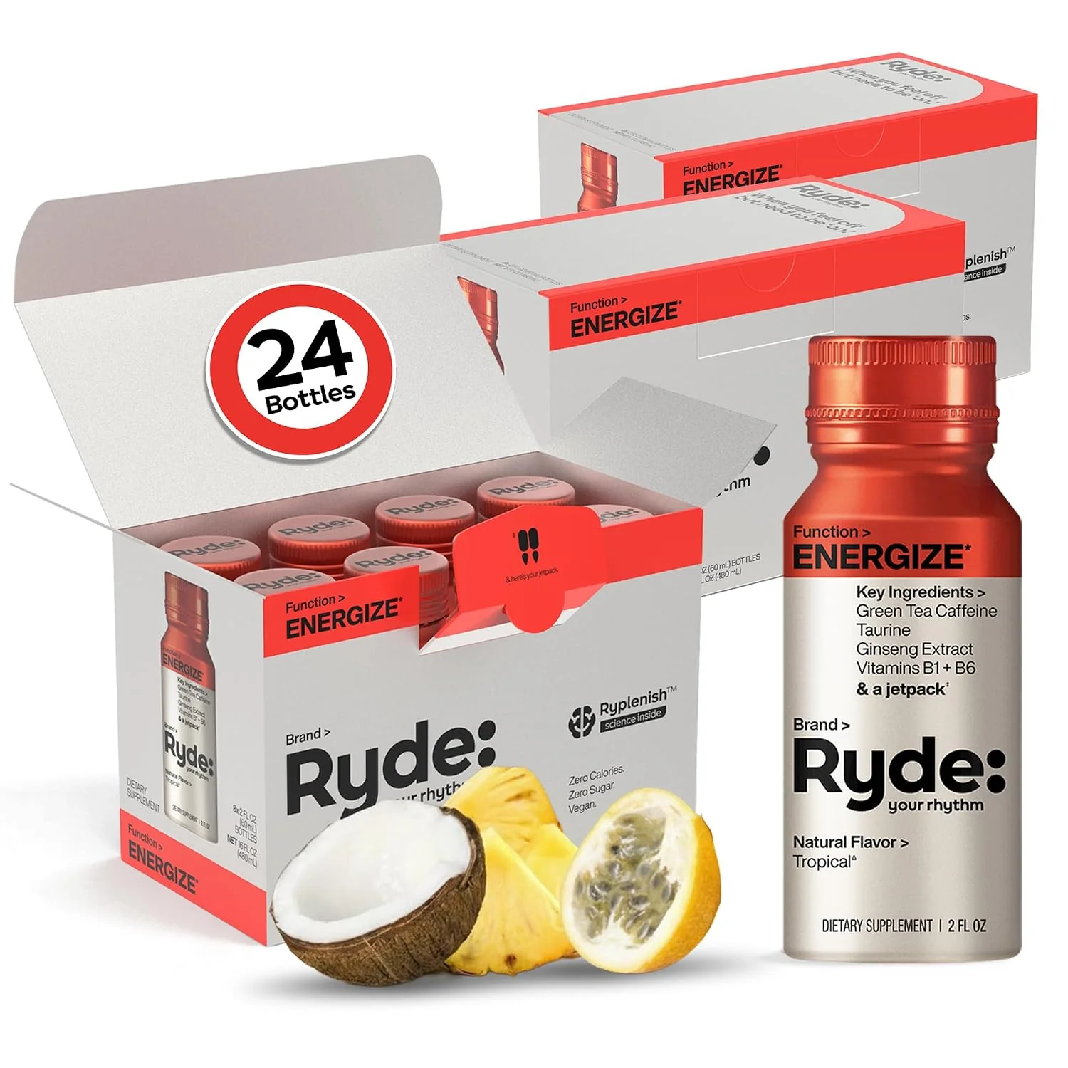 Breathable RYDE Energize Energy Shot Tropical Flavor Zero Sugar 2 fl oz 24 Pack fight fatigue no sugar crash daily energy supply vegan gluten- Functional
