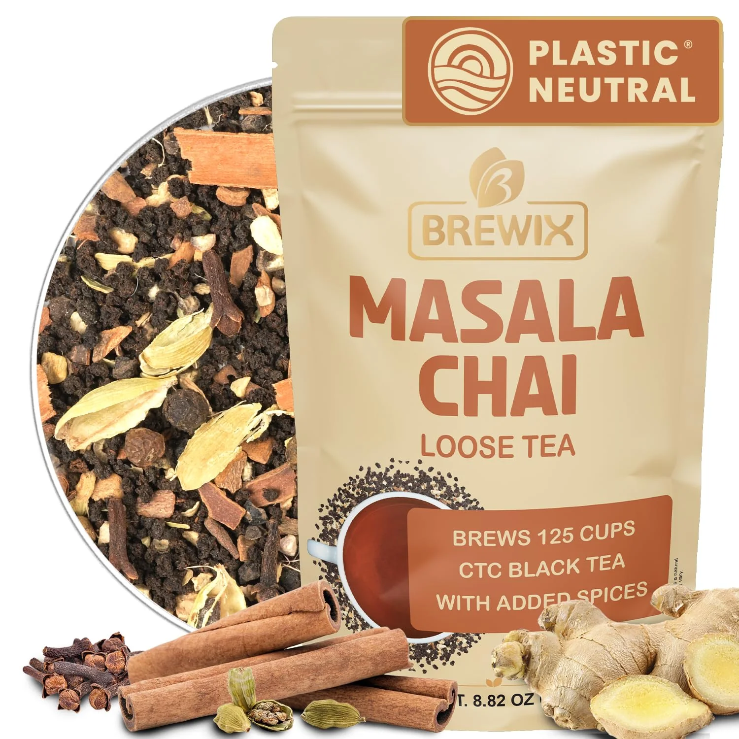 Relaxed Brewix Masala Chai Tea Loose Leaf CTC TEA 125 Cups 8.82oz 250g Strong Robust Aromatic All Natural Blended with Exotic Spices Ginger Soft