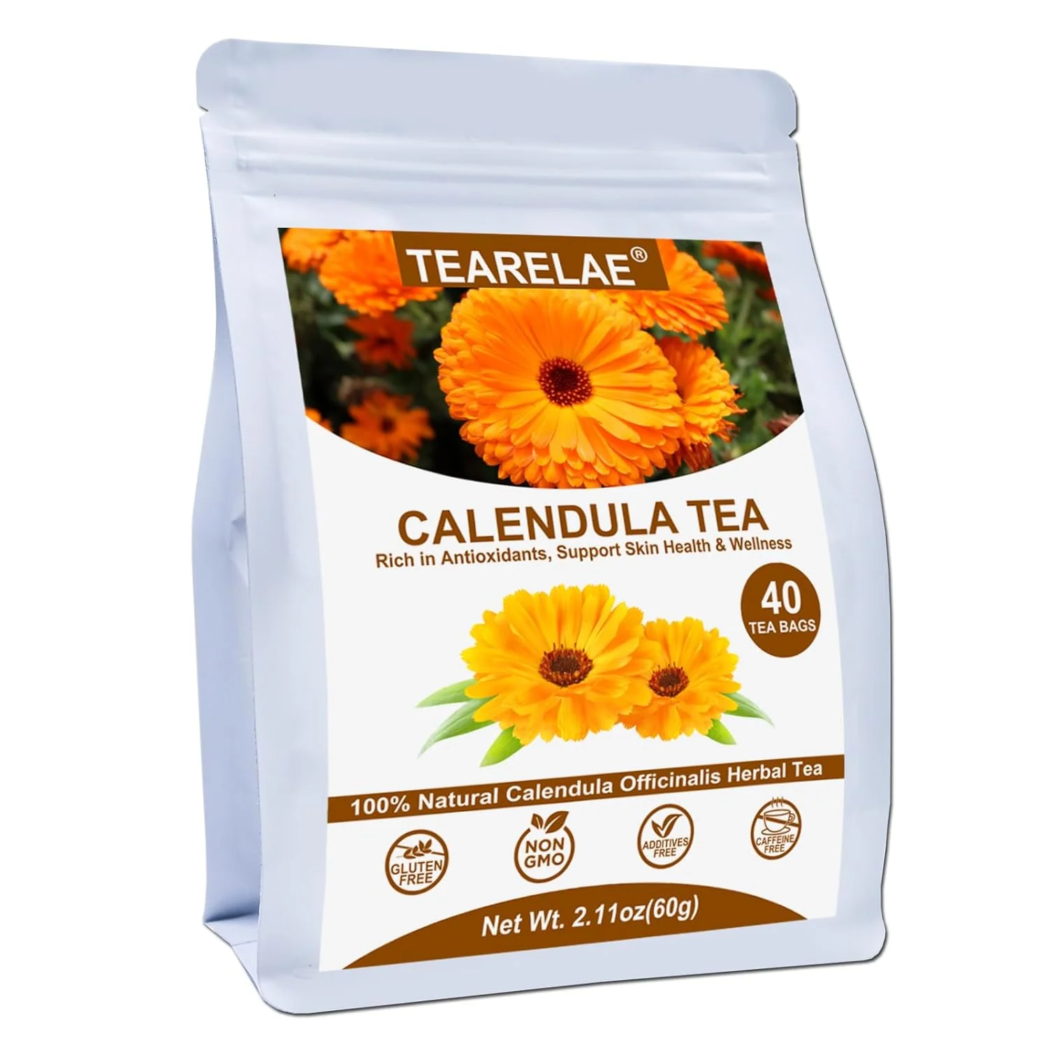 Stylish Tearelae – Premium Calendula Flowers Tea Bags – 1.5g x 40 Count – Natural Calendula Tea Cut Sifted – Non-GMO – Caffeine- Casual